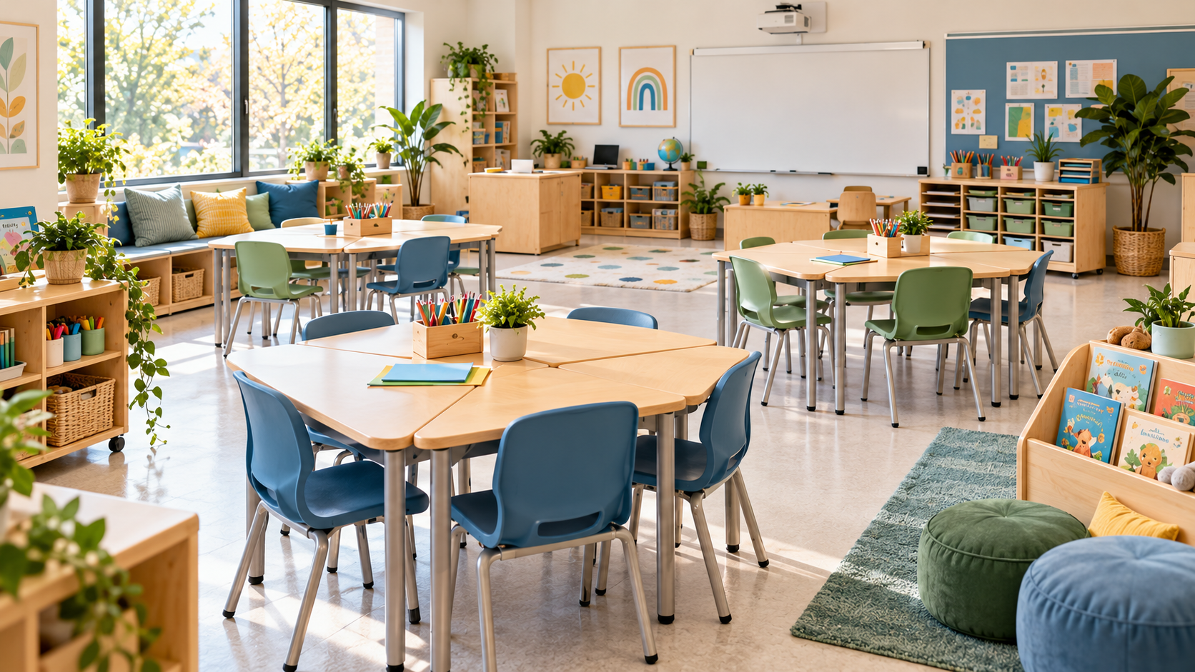 Sunny classroom with collaborative student desk groups, reading area, blue and green chairs, and organized school furniture