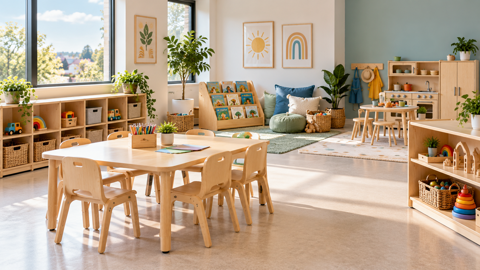 Bright daycare classroom with child-size tables, cubby storage, reading area and pretend-play furniture