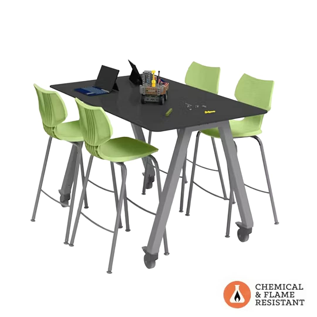 Planner® Studio Science Table — Model 25210TRESPA/PL 36" x 60" @ 40"h, shown in TRESPA Black and Platinum frame w/ Flavors Fixed Height Stools #11890 (28"h) in Apple.