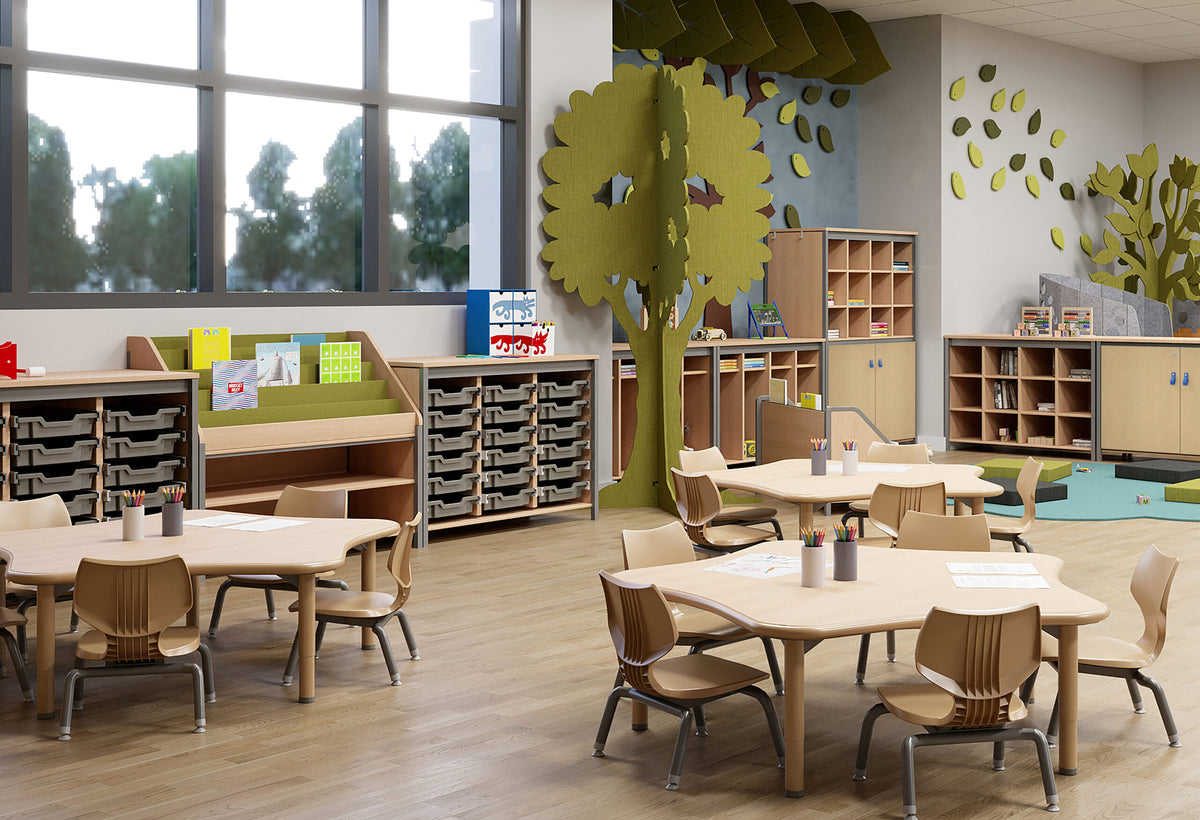 Flexible classroom with student tables, varied seating and learning areas