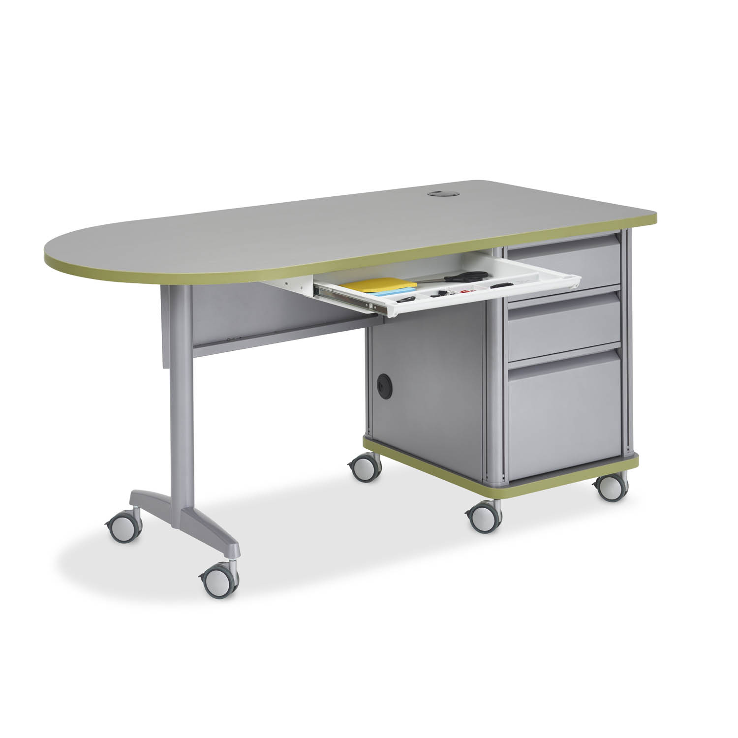 Accelerator single-pedestal bullet teacher desk with optional desk tray, alternate view