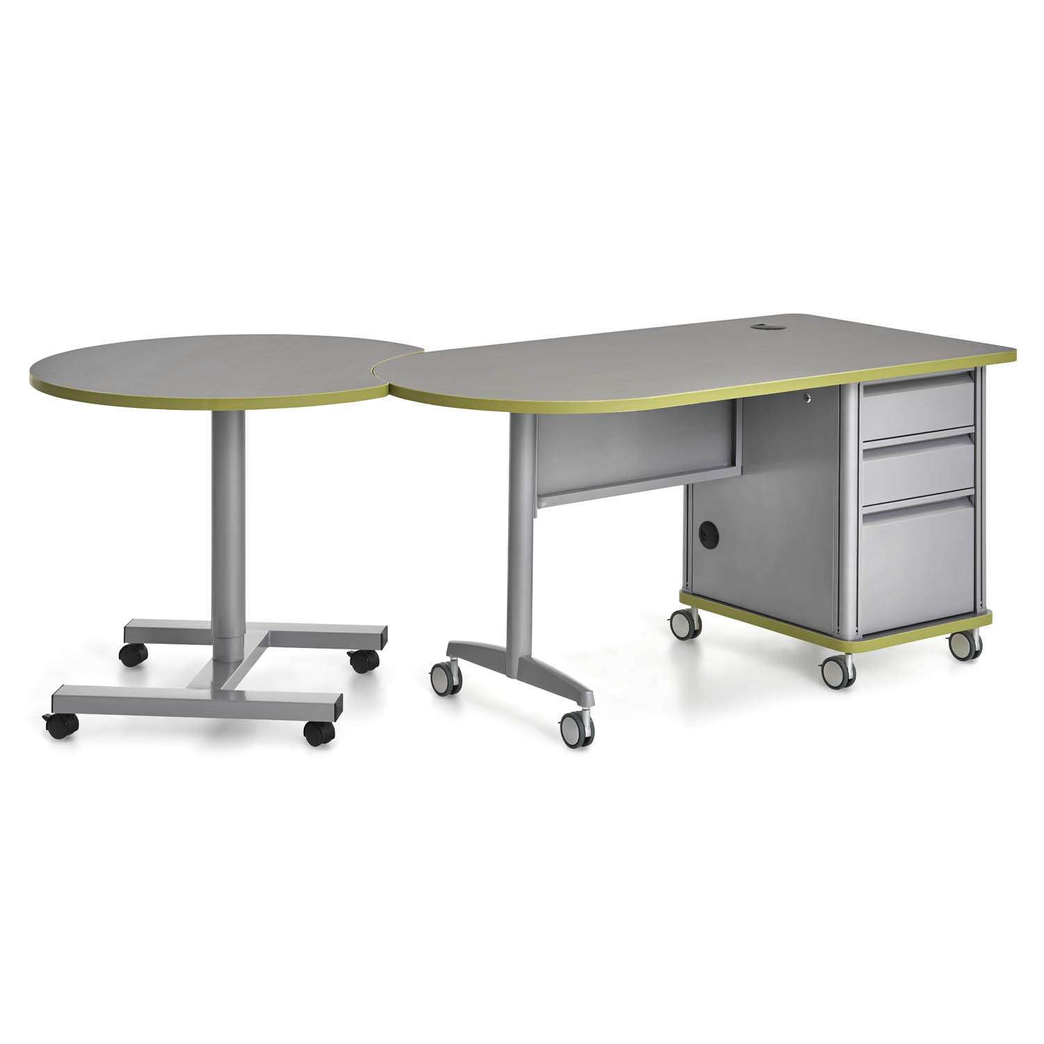 Accelerator teacher desk paired with a sit-stand crescent