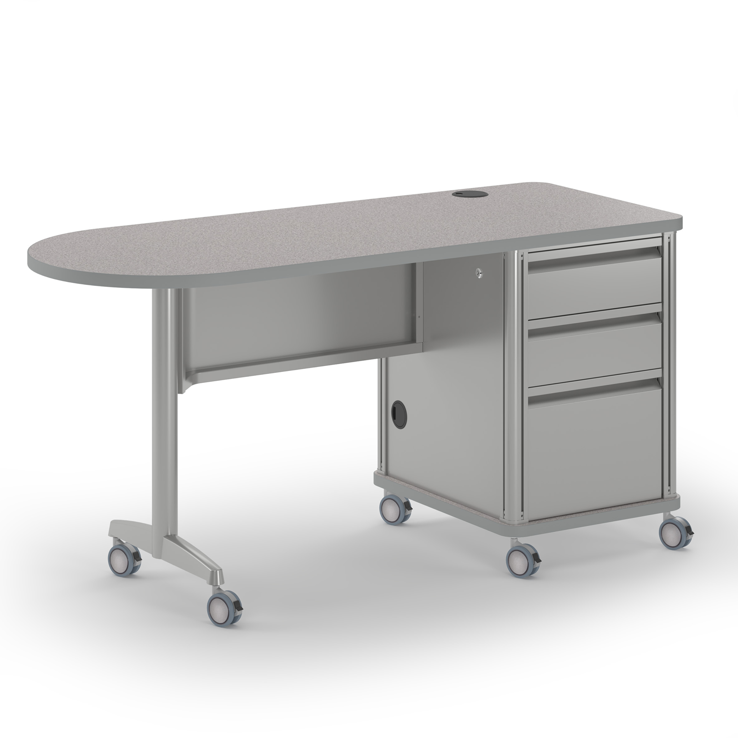 Gray Accelerator bullet-end single-pedestal teacher desk with metallic edge