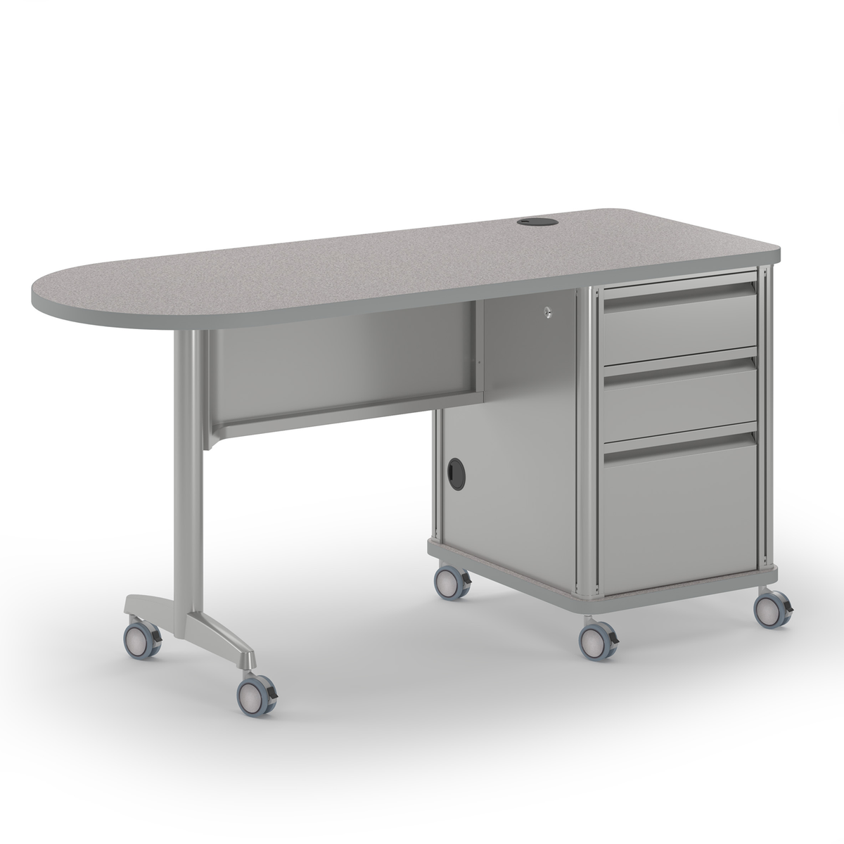 Gray Accelerator bullet-end single-pedestal teacher desk with metallic edge