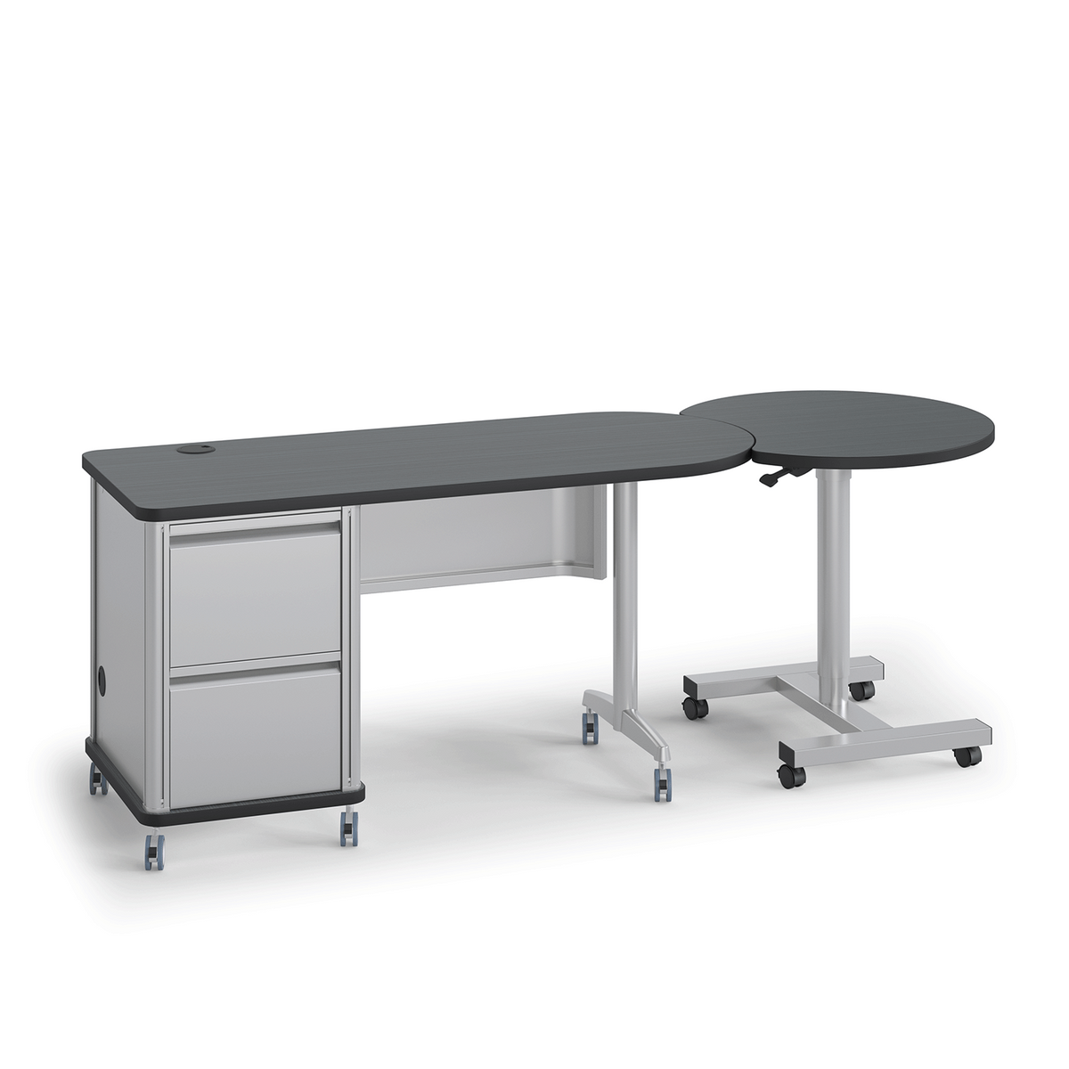Black Accelerator teacher desk with sit-stand crescent