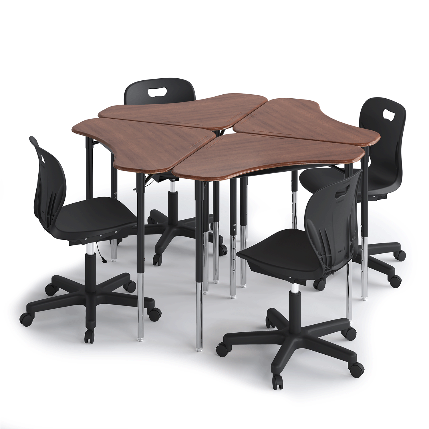 Boomerang Desk group of four, wood-tone with black frame and black Explorer chairs