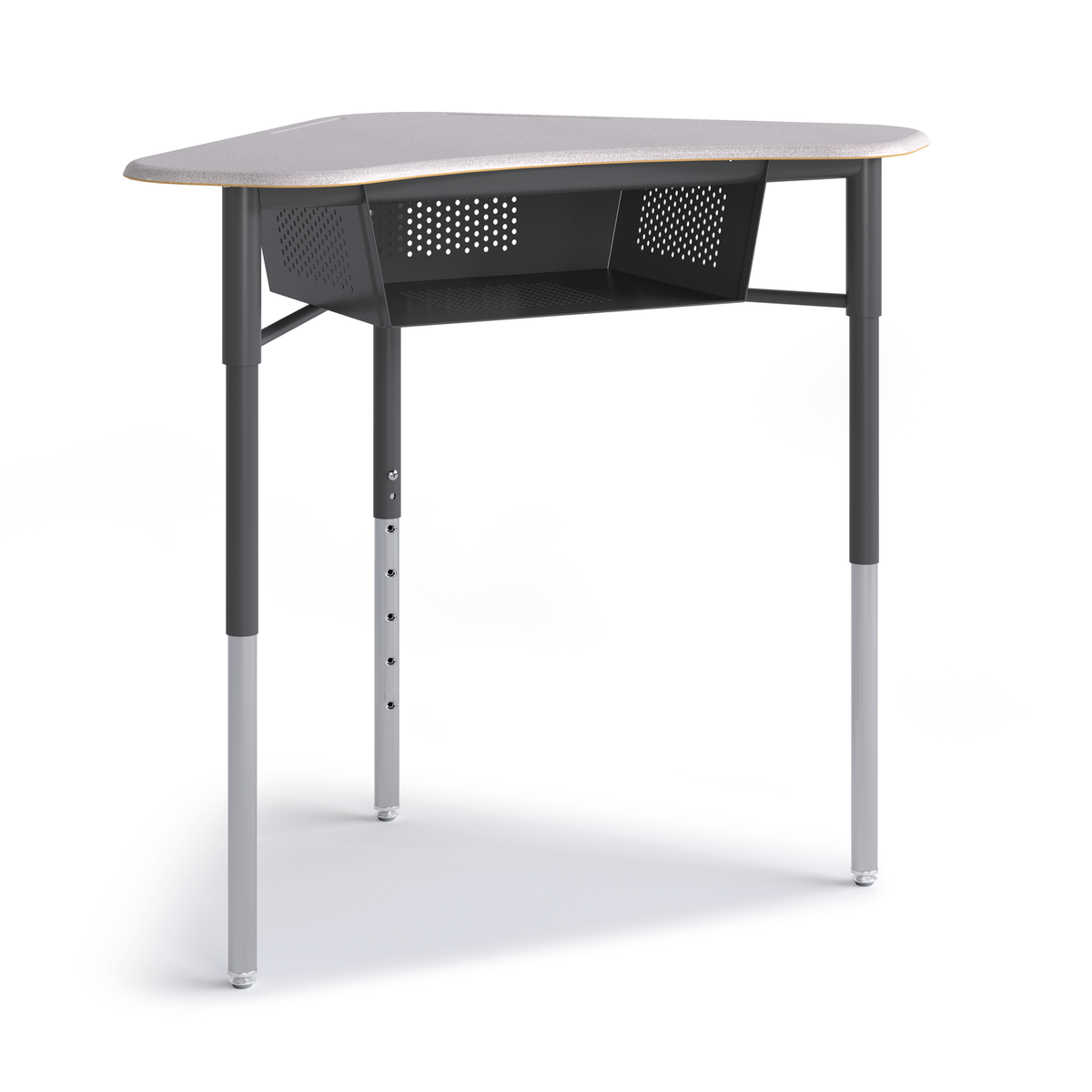 Gray Boomerang Desk with perforated book box and dark gray frame