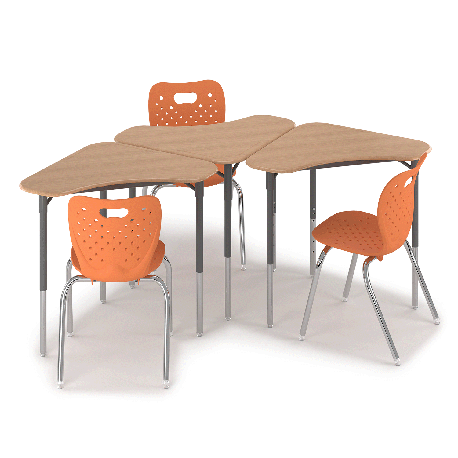 Boomerang Desk group of three with Air 4-leg chairs
