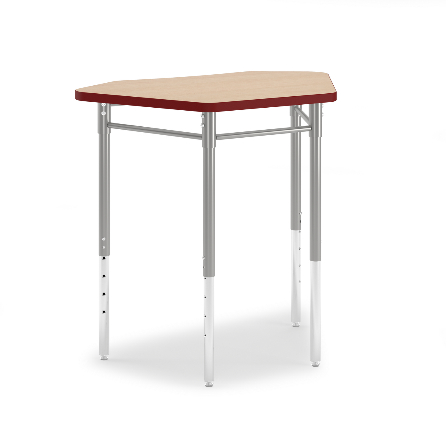 Wood-tone Hex Desk with crimson edge and metallic frame