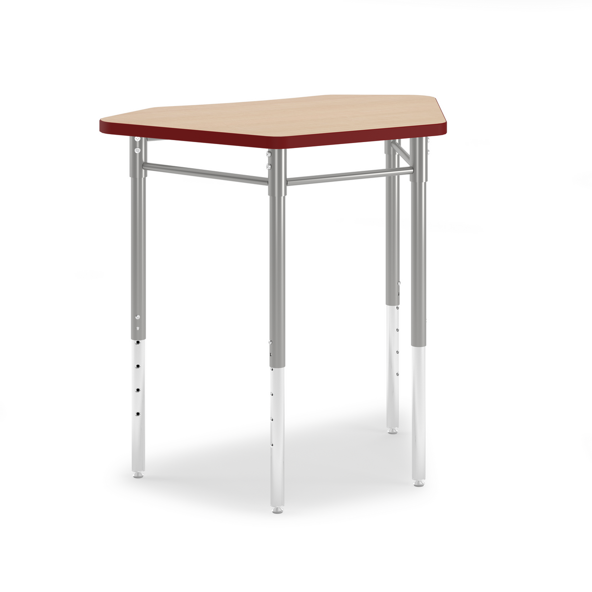 Wood-tone Hex Desk with crimson edge and metallic frame