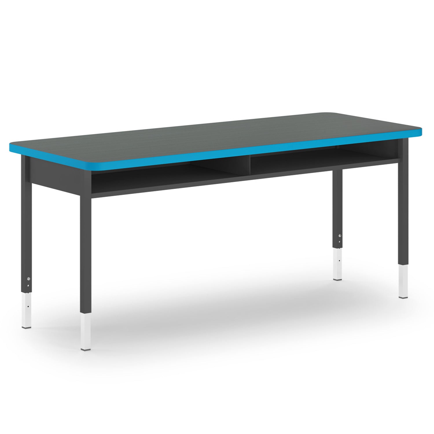 Blue and gray Honor Roll 4-Leg Double Desk with dark gray frame