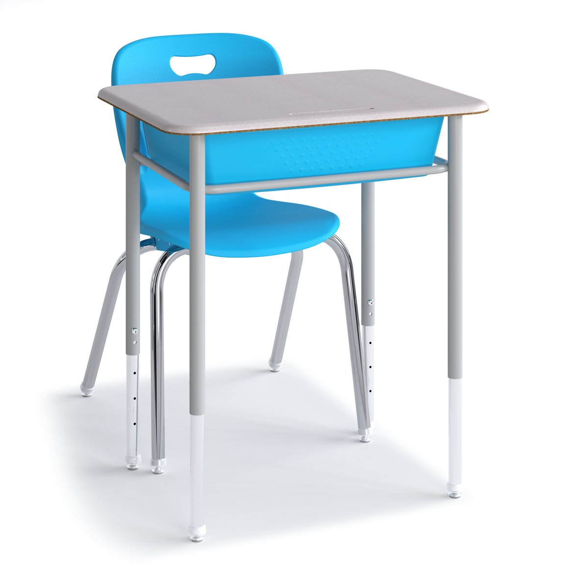 Gray Honor Roll Plastic Book Box Desk paired with a blue Explorer 4-leg chair