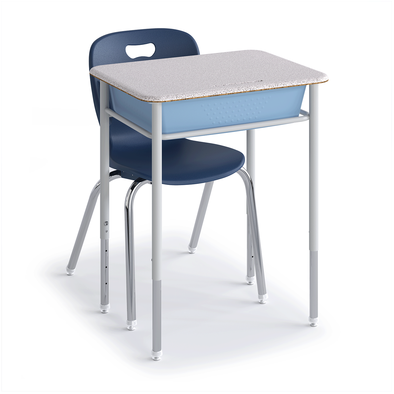Gray and sky blue Honor Roll Plastic Book Box Desk paired with a navy blue Explorer 4-leg chair
