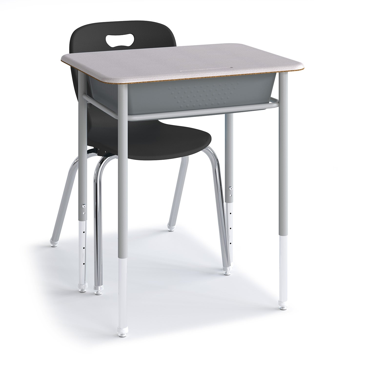 Gray Honor Roll Plastic Book Box Desk with black shell, paired with an Explorer 4-leg chair