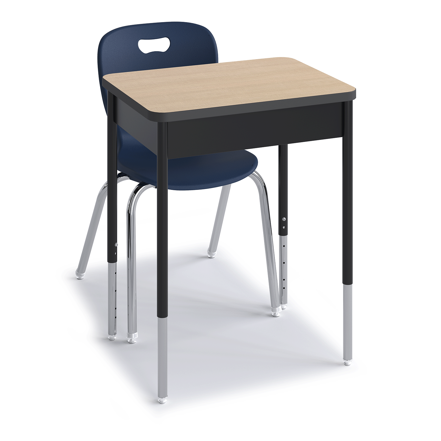 Wood-tone Honor Roll Round Leg Desk with charcoal black edge, paired with an Explorer 4-leg chair, single