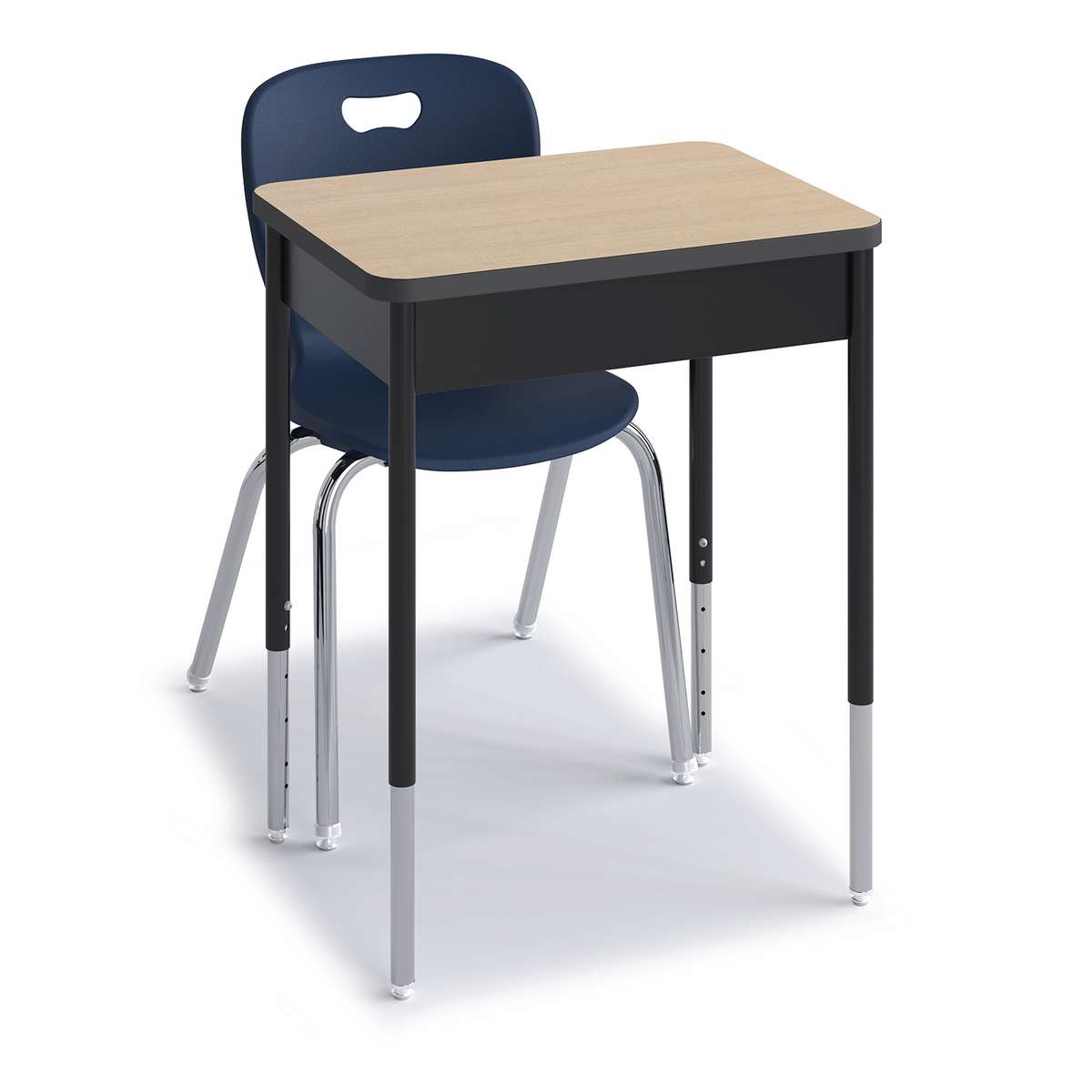 Wood-tone Honor Roll Round Leg Desk with charcoal black edge, paired with an Explorer 4-leg chair, single