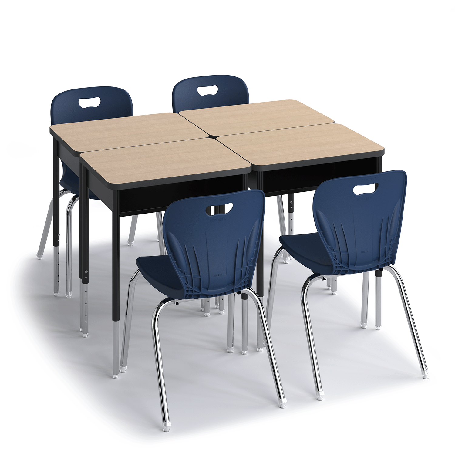 Wood-tone Honor Roll Round Leg Desk with charcoal black edge, paired with an Explorer 4-leg chair