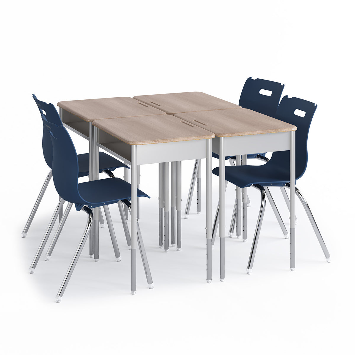 Honor Roll Round Leg Desk group with wood-tone top and metallic frame