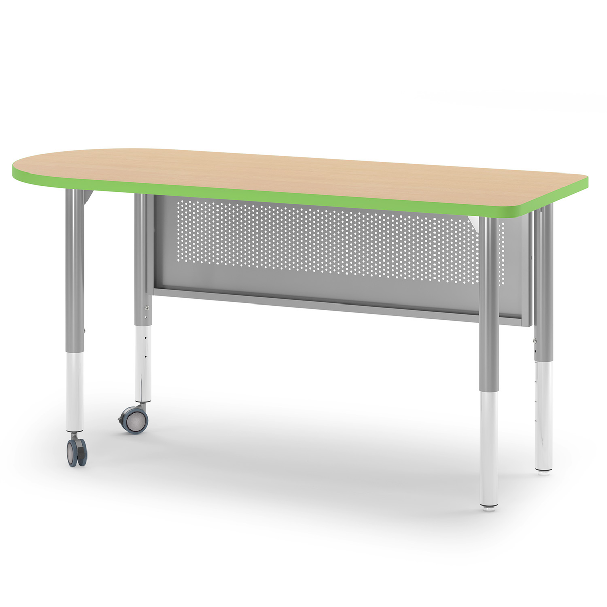 Wood-tone and lime green Inspire bullet-end teacher desk, alternate view
