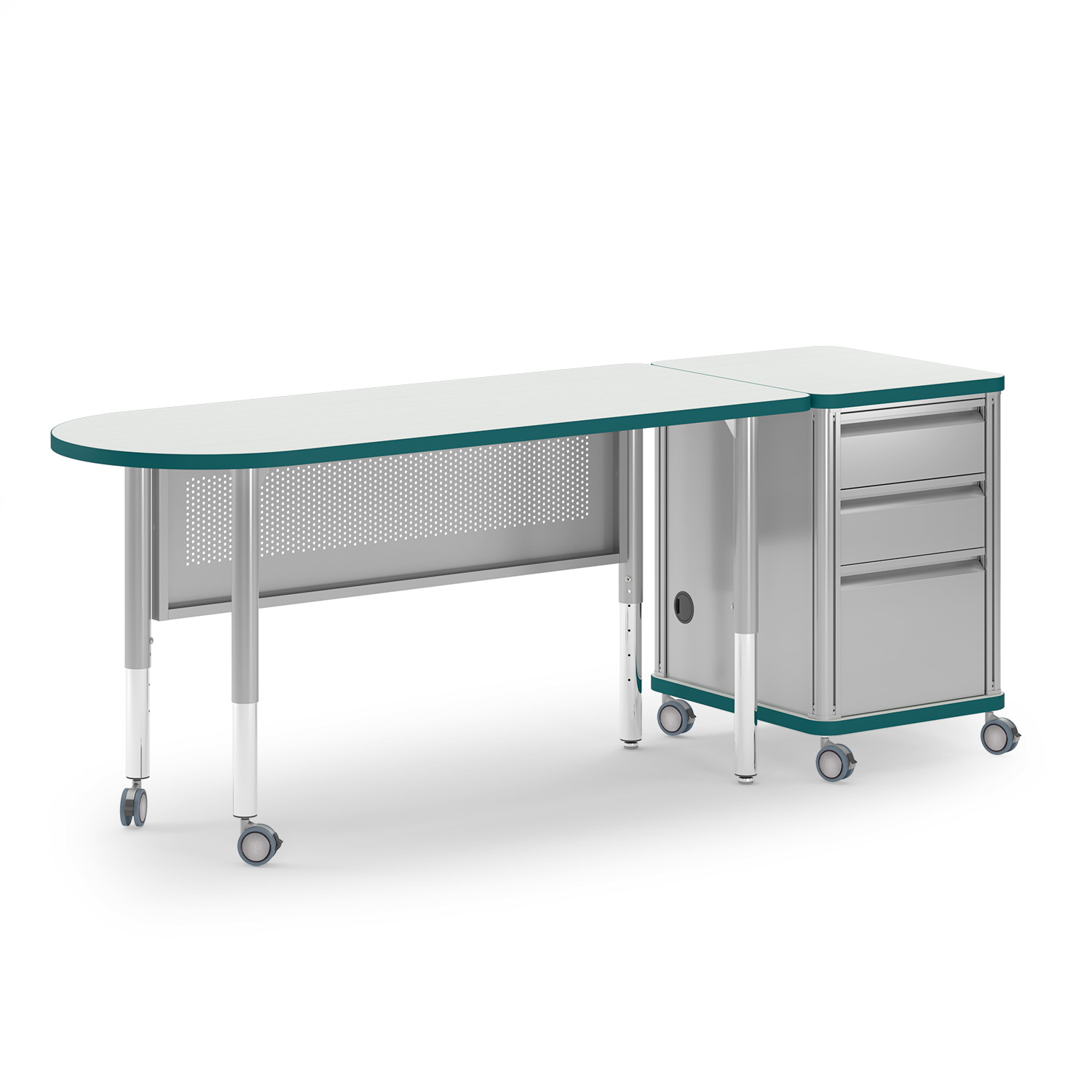 Teal Inspire bullet-end teacher desk with individual pedestal