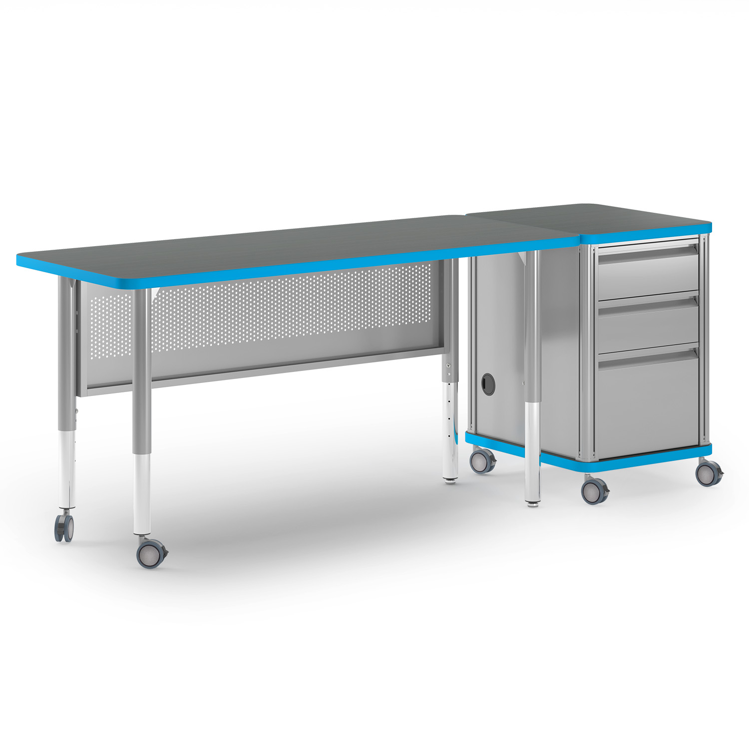 Blue and gray Inspire rectangle teacher desk with pedestal