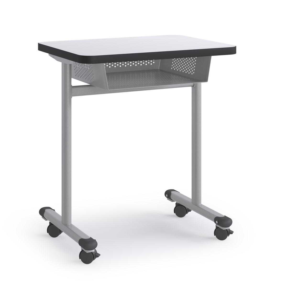 Integrity Oval Base T-Leg Desk with book box, casters, and whiteboard top