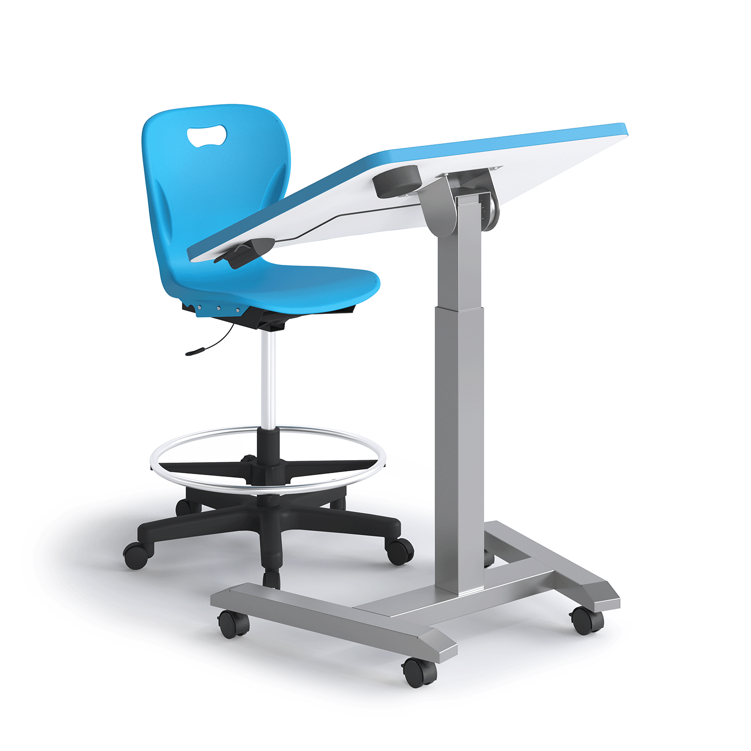 Blue Nesting Flip Sit Stand desk paired with an Explorer gas-lift chair