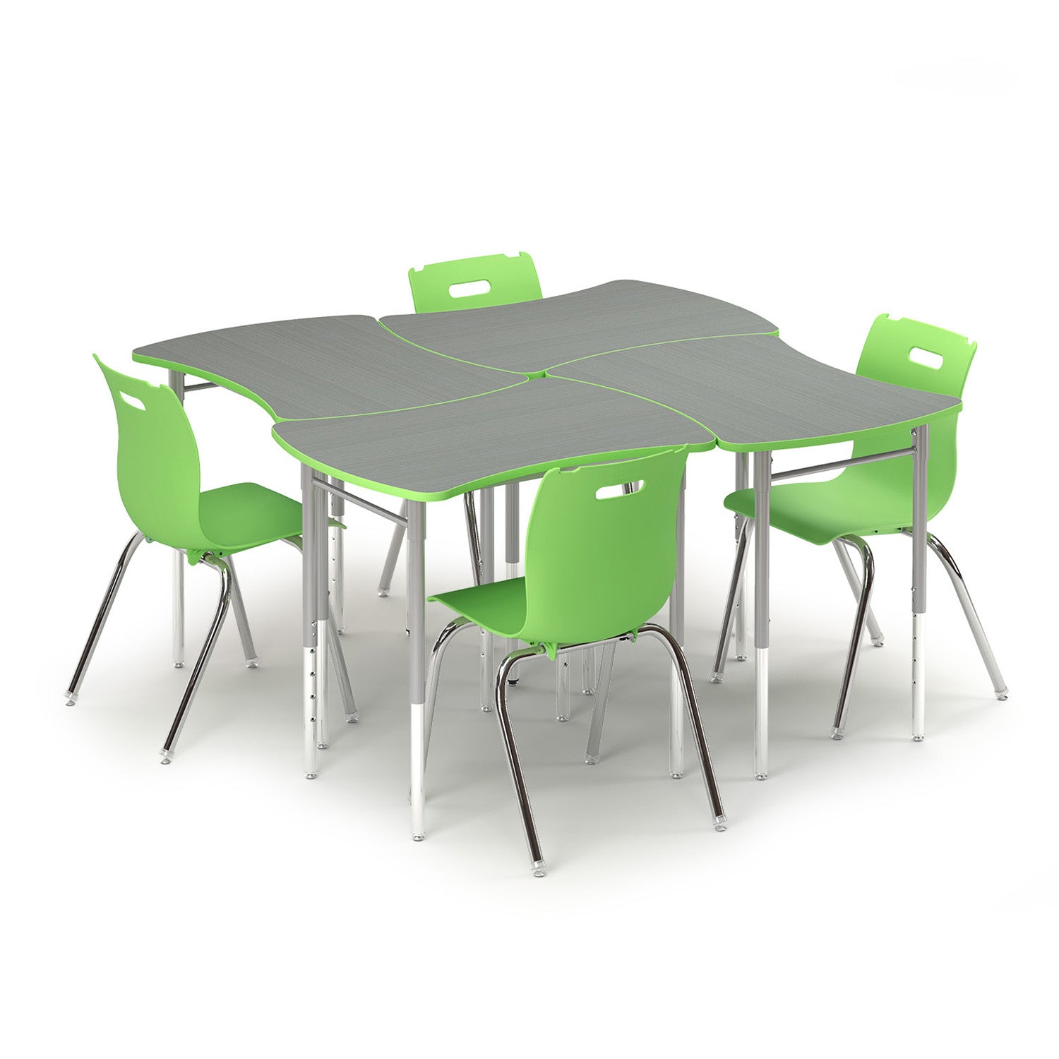 Group of four lime green Squeeze Desks with Savvy chairs