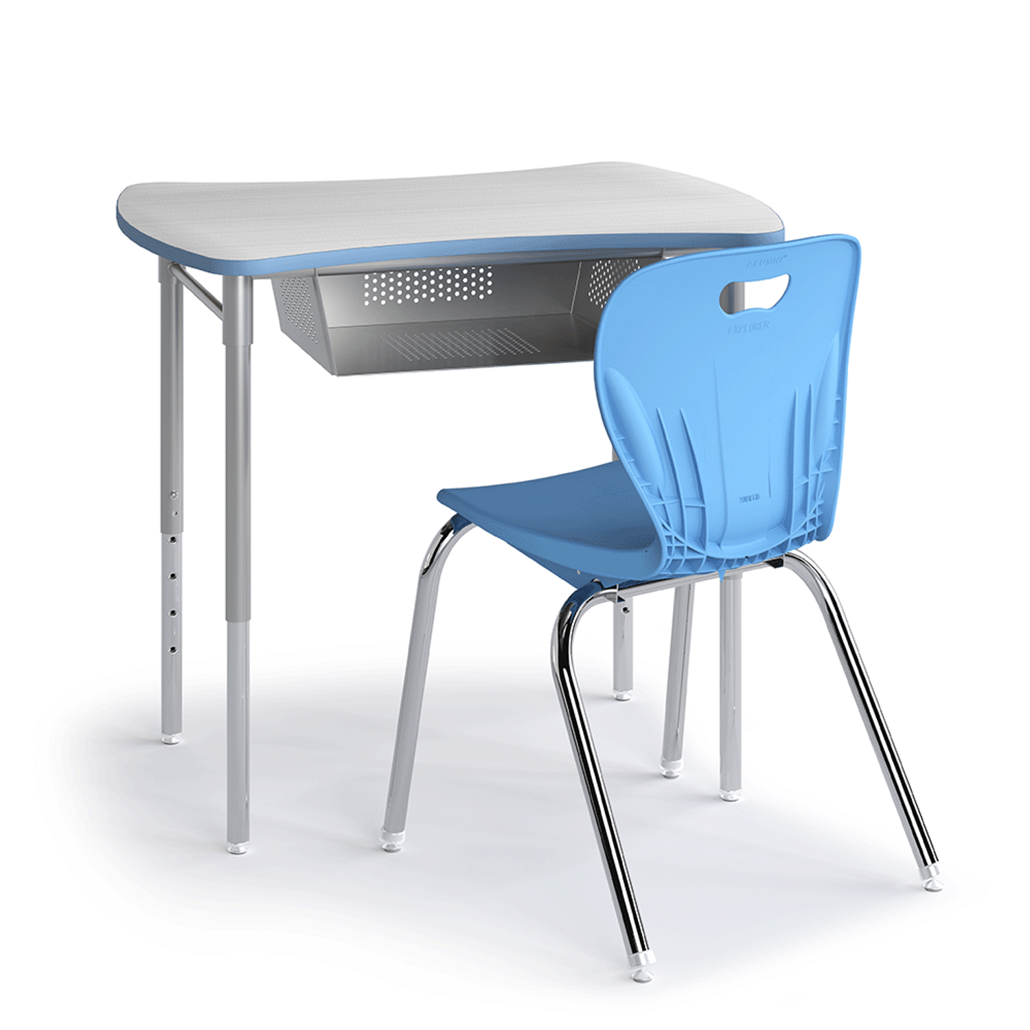 Sky blue Squeeze Desk with book box and Explorer 4-leg chair