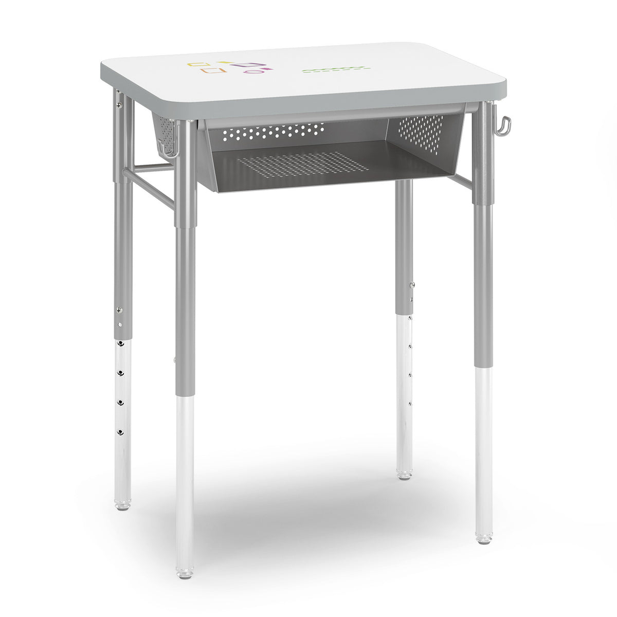 T-Rect Desk with whiteboard top, perforated book box, and two bag hooks