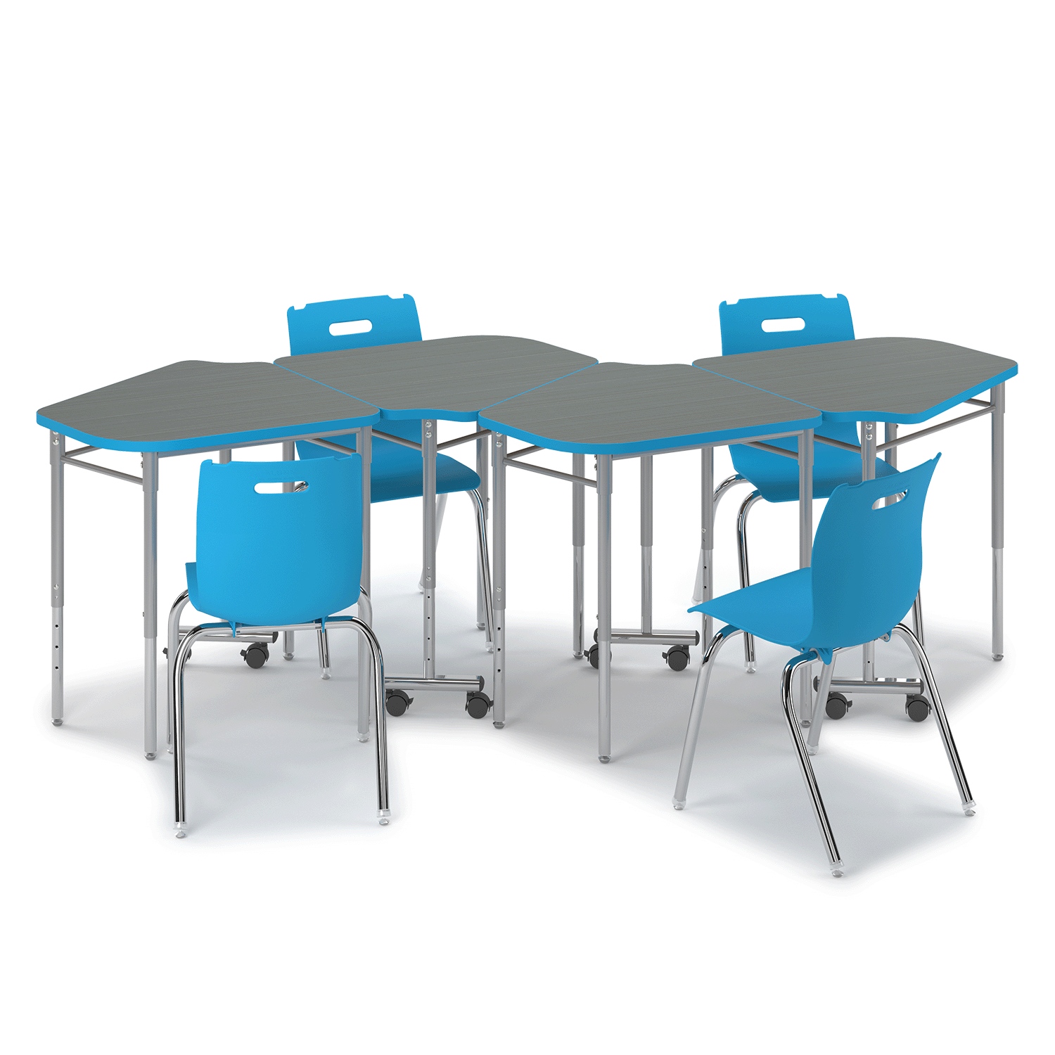 Blue y5 Idea Desk group of four with Savvy 4-leg chairs