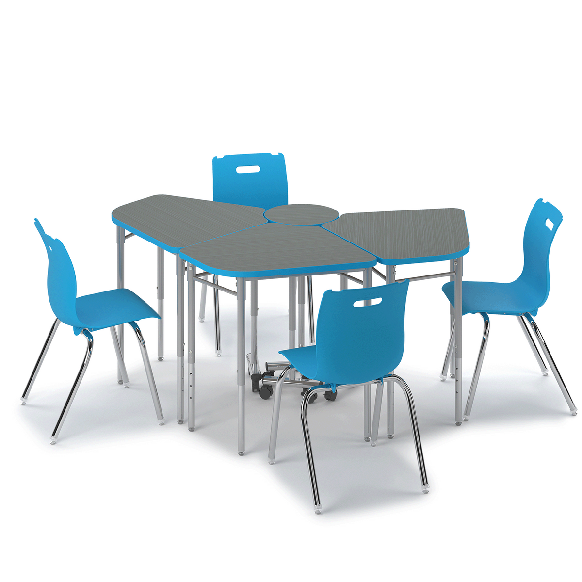 Blue y5 Idea Desk group of three with center desk and Savvy 4-leg chairs