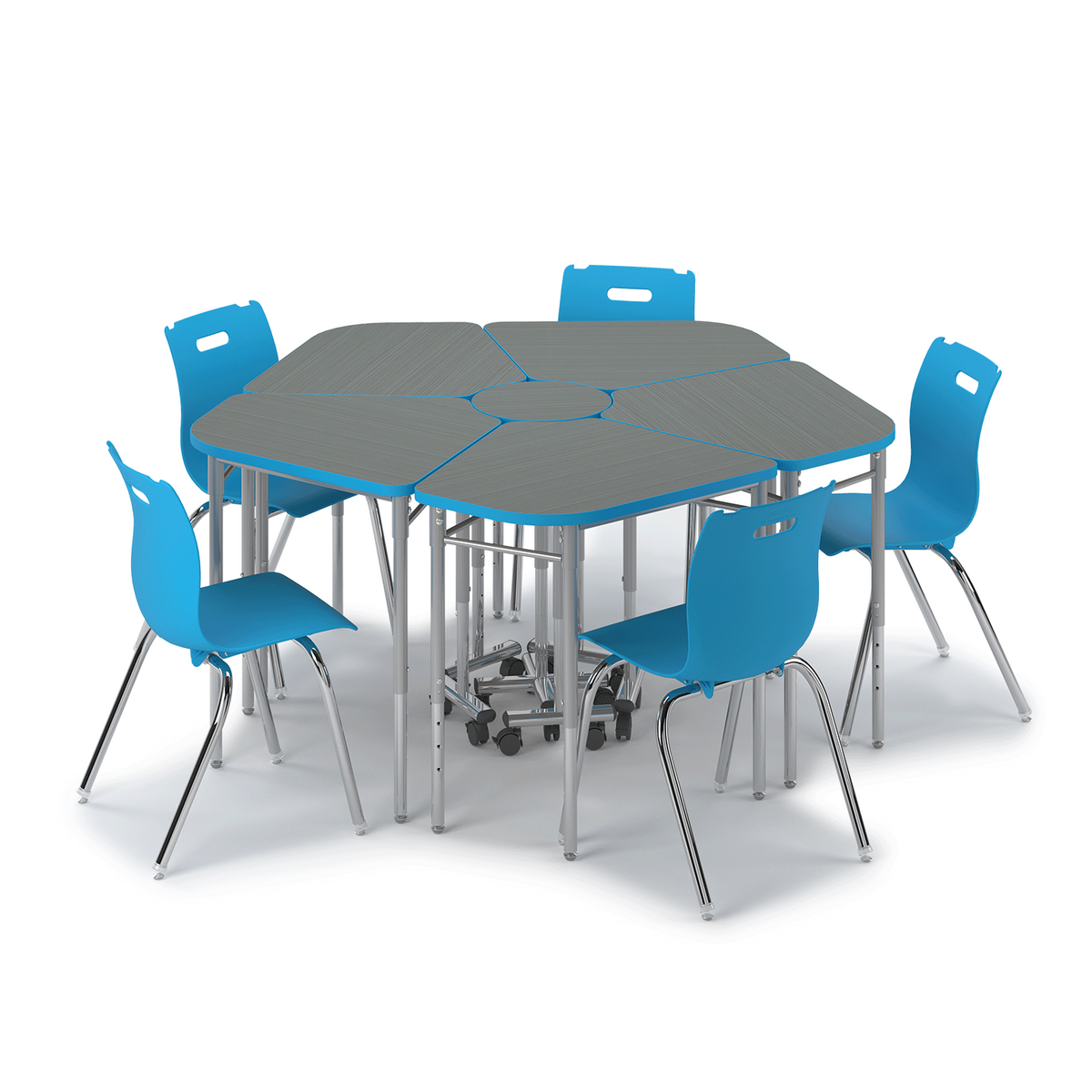 Blue y5 Idea Desk group of five with center desk and Savvy 4-leg chairs