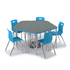 Blue y5 Idea Desk group of five with center desk and Savvy 4-leg chairs