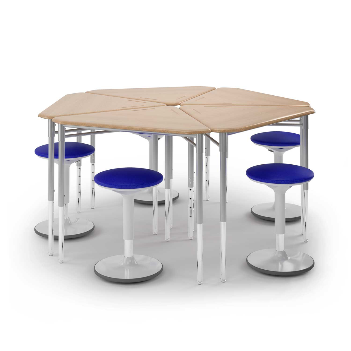 y5 Pente Desk group of five, wood-tone, with a blue balance stool