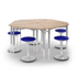 y5 Pente Desk group of five, wood-tone, with a blue balance stool