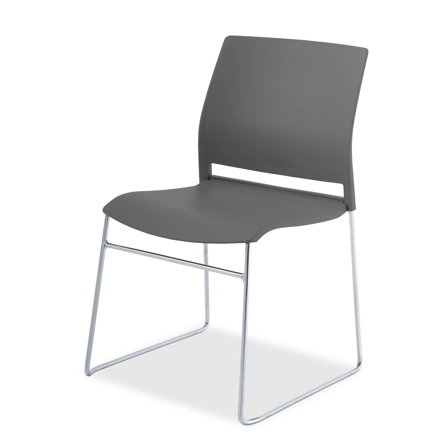 Gray high-density stacking chair with chrome sled-base frame