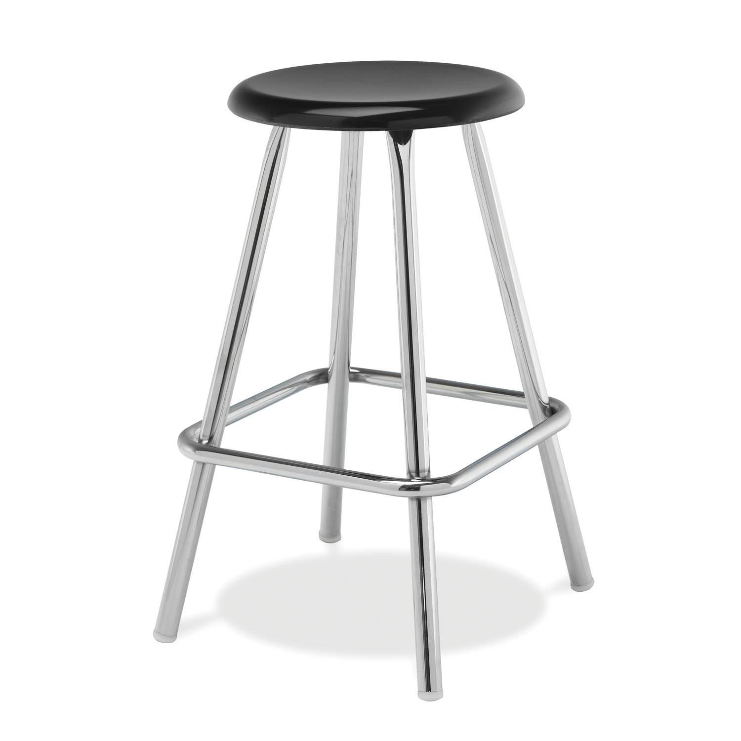 Black Honor Roll hard plastic stool with chrome legs, angled view