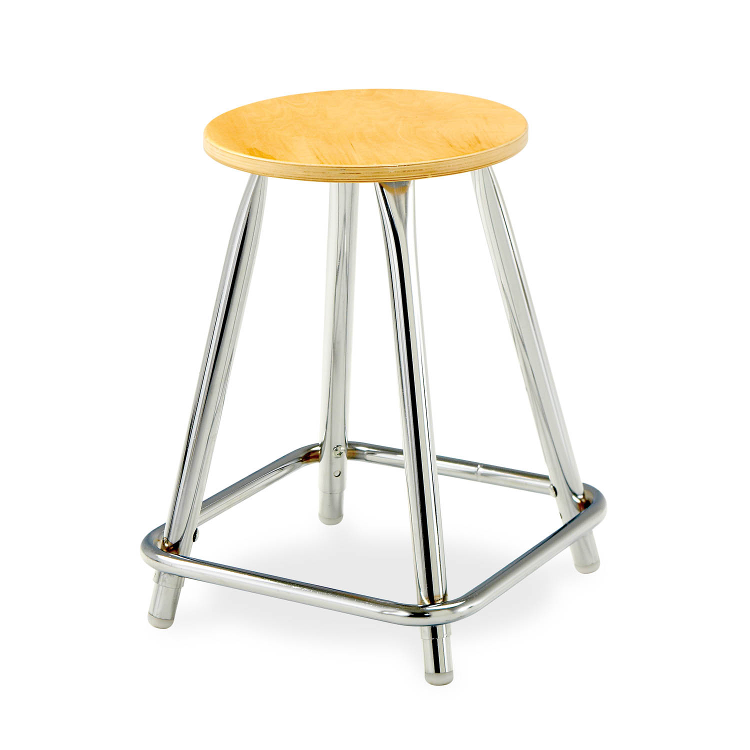 Honor Roll hardwood stool with wood seat and chrome legs, angled view