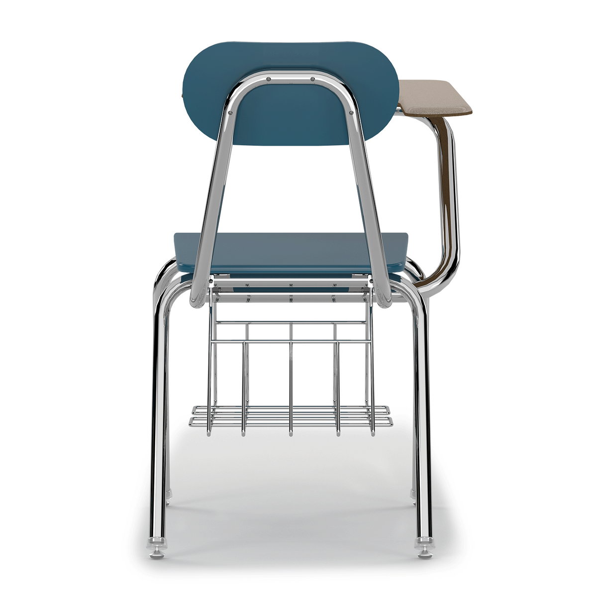 Teal Marquis metal-frame fixed tablet arm chair, rear view showing book basket