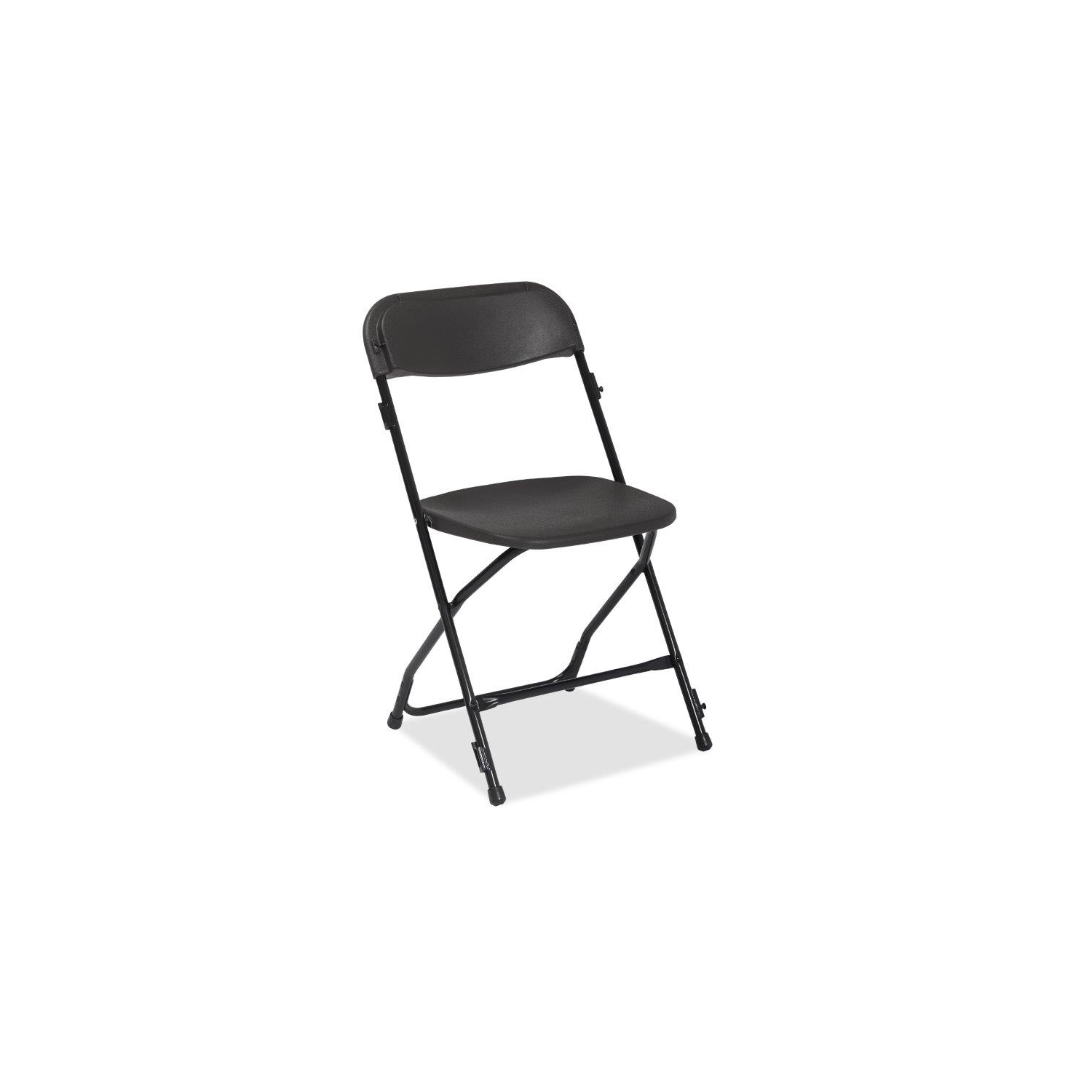 Black plastic folding chair with black metal frame