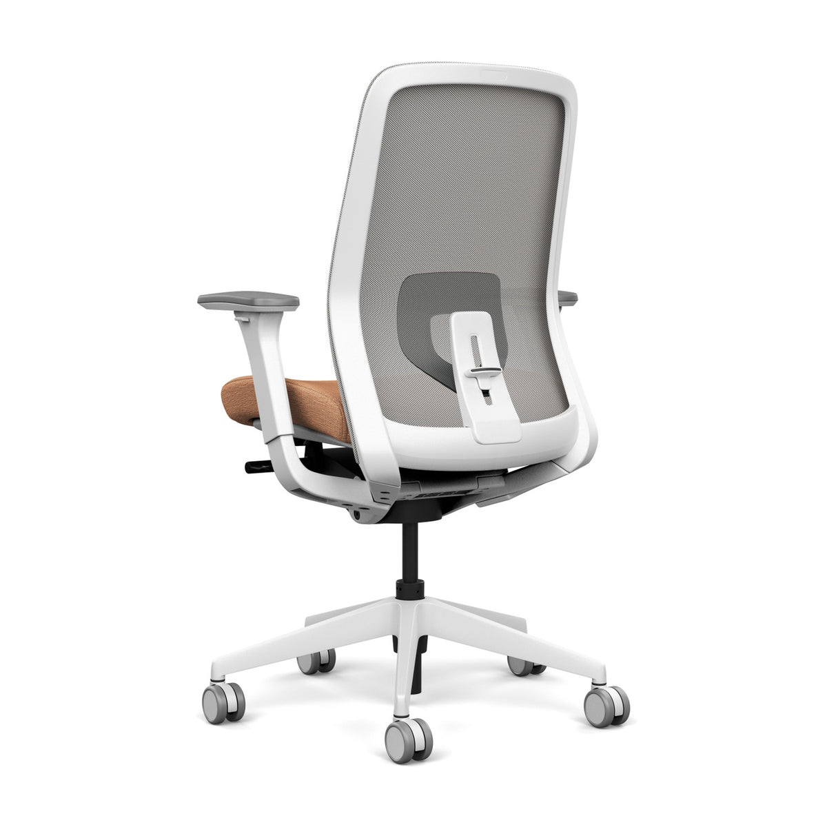 Lavo highback task chair, Fog mesh, DesignTex Tweed Multi Orange, White  frame, White base, Onyx accent