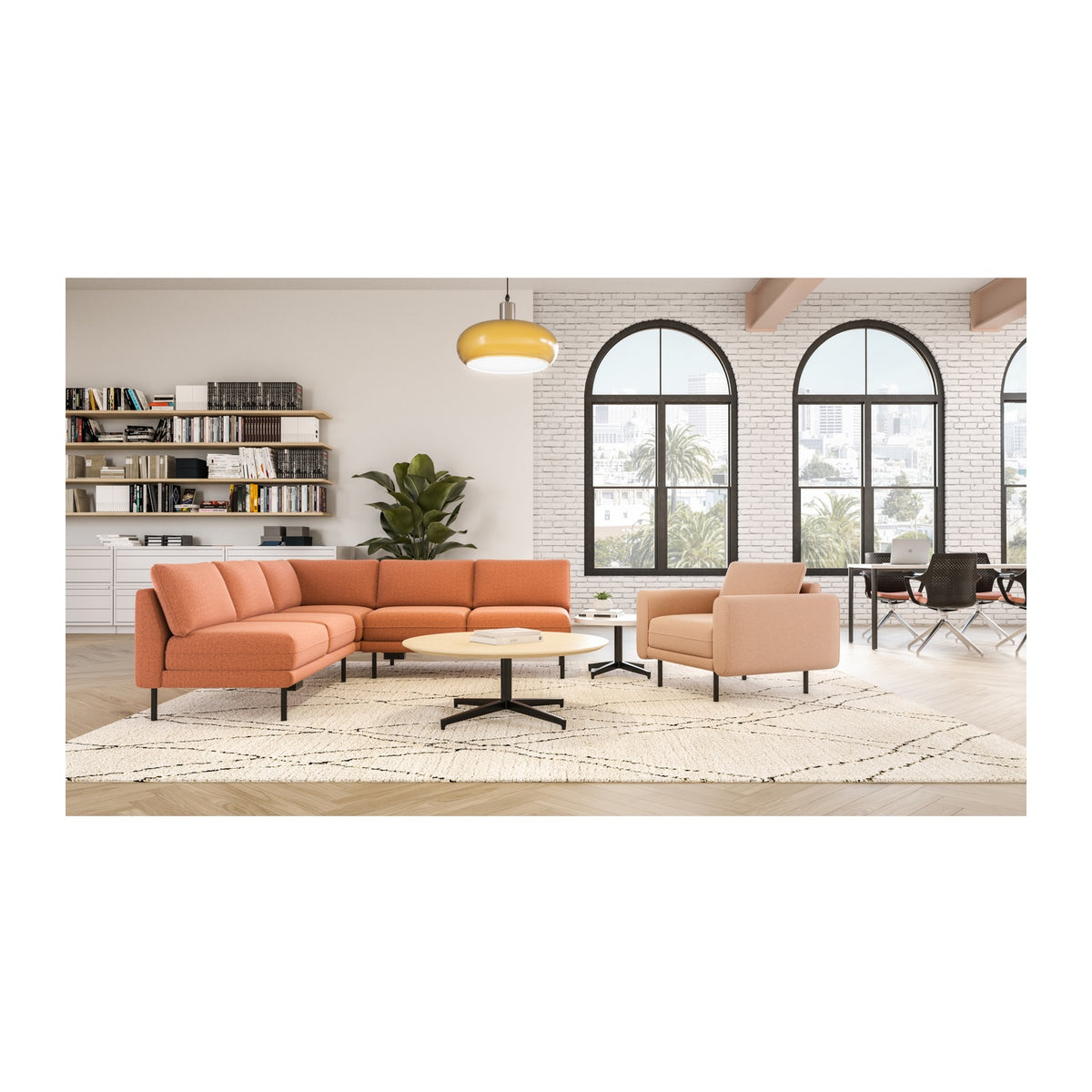 Lumo L-shape sectional in Maharam Beck Reedbuck, Charcoal finish, Lumo club with Maharam Manner Roseate, Charcoal finish