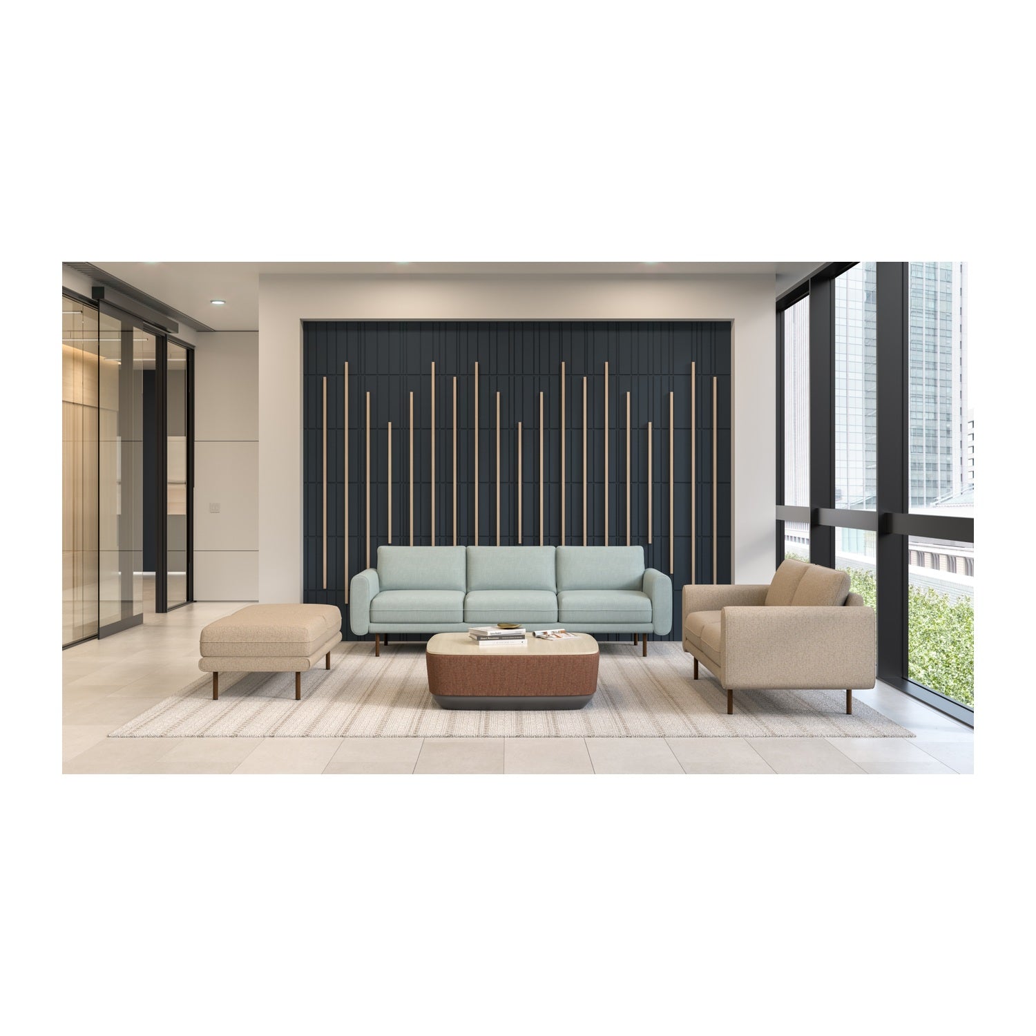 Lumo sofa in Mayer Haven Powder, Neo wood grain finish, Lumo settee and bench with Momentum Caravan Milkweed, Neo wood grain finish