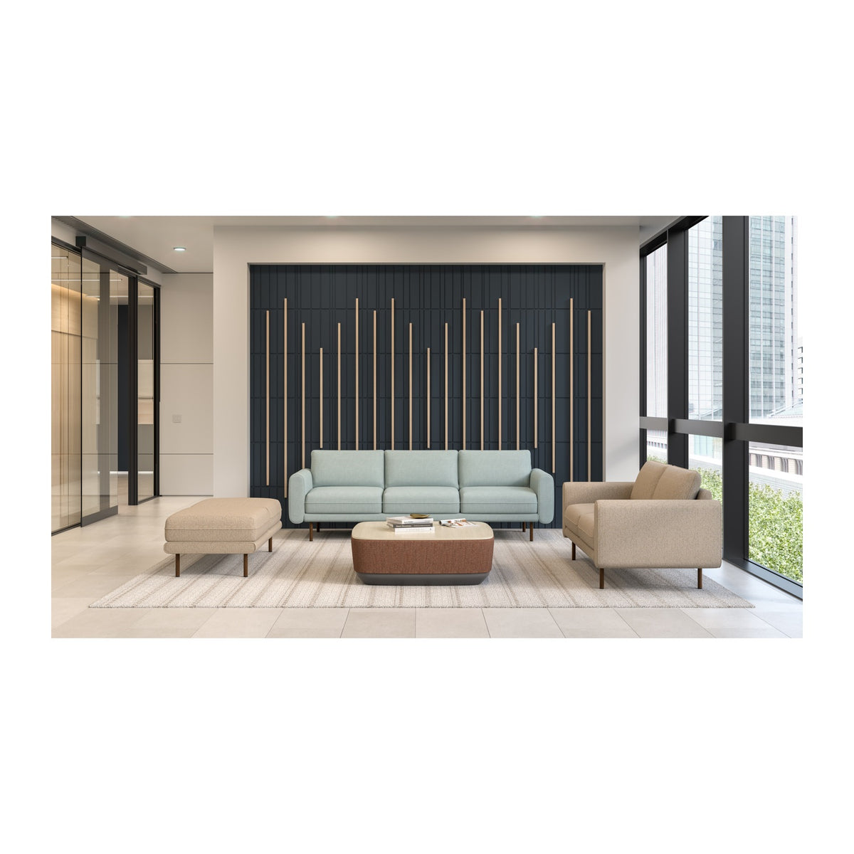 Lumo sofa in Mayer Haven Powder, Neo wood grain finish, Lumo settee and bench with Momentum Caravan Milkweed, Neo wood grain finish